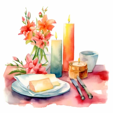 Watercolor Create a clipart of a beautifully set table with candles, flowers, and the couple's favorite dinnerware, ready to enjoy the homemade tamales on a white background--hd--ar3:2--1000