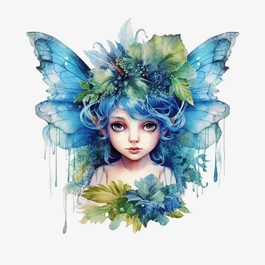 Watercolour beautiful Disney inspired azure blue queen baby forest fairy beautiful Disney inspired azure blue forest fairy with beautiful flawless features, magnificent wings, compelling realistic beautiful vibrant eyes perfect hands and feet beautiful realistic intricate detailed forest fairy perfect forest fairy magnificent details , PNG image,ultra highly detailed, 18k, sharp focus, bright photo with vibrant colours, digitally enhanced,photographic, enhanced graphics, straight, sharp focus, b
