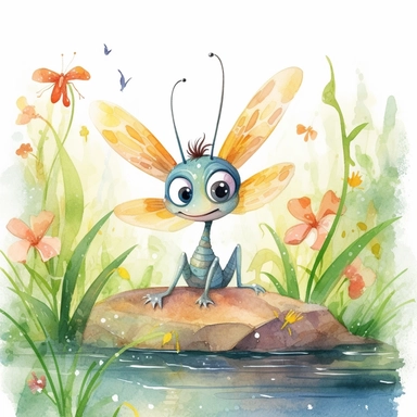children book illustration. cartoon beauty dragonfly happy in a garden. Watercolor clipart. Pixar animation