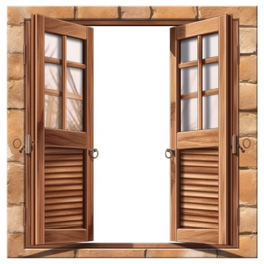 wood door window for your home, in the style of bengal school of art, brown, light brown, transparent/translucent medium, windows vista, open window, shutters opening outwards, white background, clipart