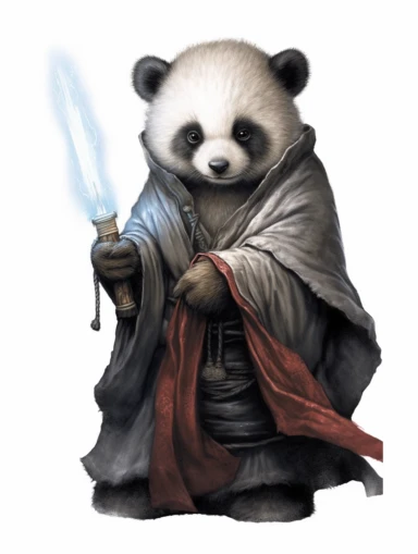 tarot card with panda Cub as Jedi master, clipart png, WHITE BACKGROUND, photorealistic, painting, watercolor, 8k, ultra details,