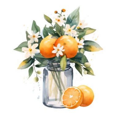 Create a watercolor oranges clipart with glass nd bouquets