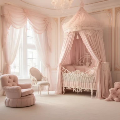 panoramic view, full view, beautiful elegant royal baby girl nursery room drawing painting, frilly, romantic, fantasy, ethereal, light pink and white colors, beautiful crib with beautiful full flowing canopy, beautiful bling crystal chandelier, soft pink teddy bear, beautiful large Victorian style window with beautiful pink flowing drapes, faux fur rug, sharp focus, high detail, 8k, illustration clipart style, transparent background
