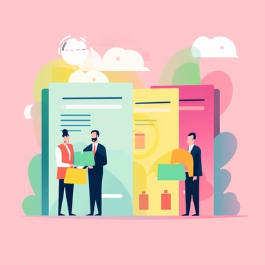 a simple flat microsoft office clip art style illustration of digital business contracts on a computer well organized into folders, two business people on the background, light pink green yellow pastel color palette--ar 16:9