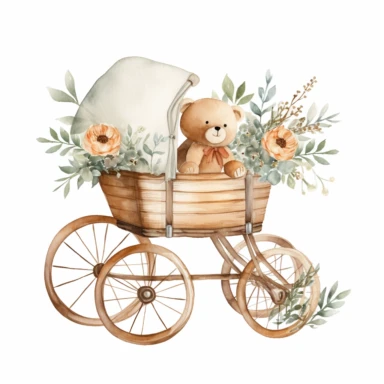 clipart, cute, boho, simple, clean watercolor, baby trolley with vintage bears inside, hand painted
