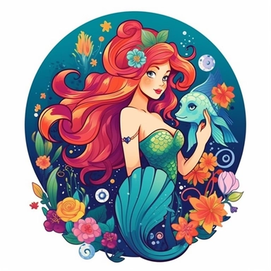 Create a vector clipart that emulates the Disney art style, showcasing a mermaid akin to Ariel from 'The Little Mermaid.' The mermaid should bear a stylish and dynamic design, complete with a vibrant, colorful mermaid tail. An emblem should be woven into the design, retaining harmony with the overall look while maintaining prominence, flowers, fish
