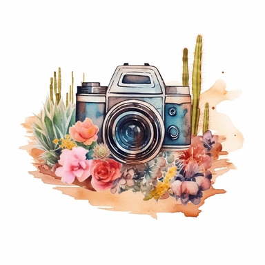 Watercolor A camera with a filmstrip and snapshots with flower Clipart desert cartoon t-shirt graphic, vector, contour, isolated on a white background