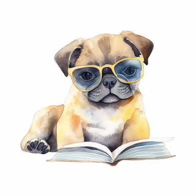 soft watercolor clipart, baby fat DOG with sunglasses, book, cute, only white background