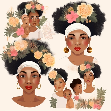 animated clipart bundle african american mother concepts, clipart bundle with beautiful flowers, beautiful faces, beautiful eyes and differential body types and skin tones, harlem Renaissance, Mother's Day White background