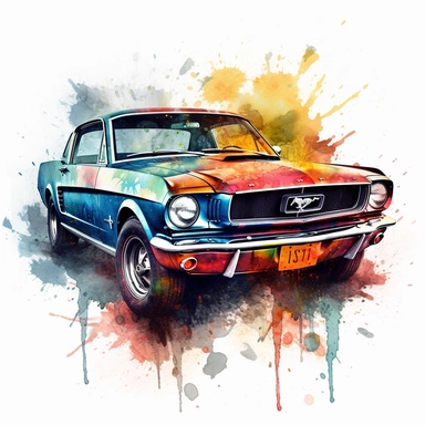Capture the timeless beauty of a vintage automobile, like the iconic Ford Mustang, in a vibrant watercolor clipart, showcasing its sleek lines and nostalgic allure. In HD on a white background.