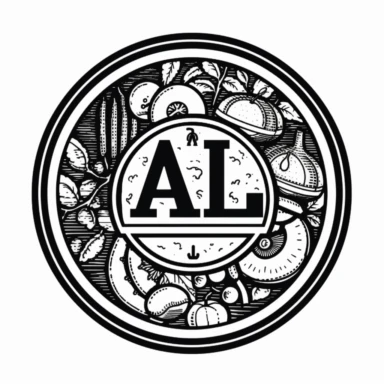 round logo, company name is A&L, food rlated, low detail, simple, black and white, extra thick black lines, linocut, isolated clipart