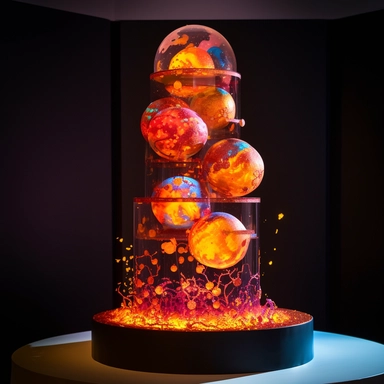 Interactive fire cake, 5-tier, spherical design, each tier representing a celestial body in the couple's unique layer, hand-painted with edible luminescent colors, creating an ethereal glow in dim lighting, a motorized, food-safe mechanism enabling the tiers to rotate slowly, decorated with sugar constellations depicting the couple's love story, an embedded touchscreen interface allowing guests to explore the cake's design, and a built-in, synchronized light and sound show that activates when th