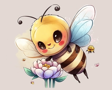 cute smiling vector bee drawing for clipart, image is on a white background, bee is the focal point hovering above a rose, he is flying through the air by himself, nursery watercolor, in the style of watercolor painting, white background, charming anime characters, cute and colorful, depiction of animals, high quality--seed 4107006010