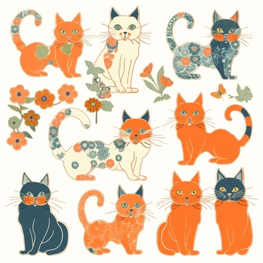 70s vintage kitsch cat illustration variations clipart on a white background