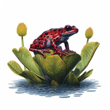 south american poison dart frog on a lily pad, scales, clipart, white background, realistic painting