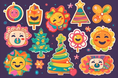 christmas groovy flower child 60s 70s funky pink orange yellow peace smile face rainbow merry new christmas winter retro cartoon year santa claus character funny tree vintage holiday happy vector illustration element design trendy comic sticker clip gift art collection icon candy set patch pin gingerbread isolated ho holly jolly vibe realistic high quality detailed