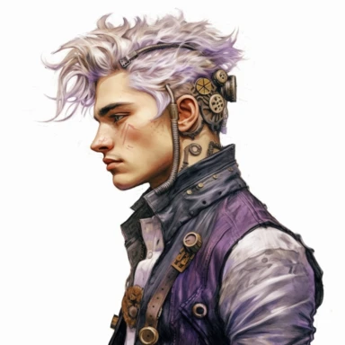 beautiful stunning handsome steampunk young man, he has coloured hair, paint art style, clipart, white background, superrealistic, one of a kind