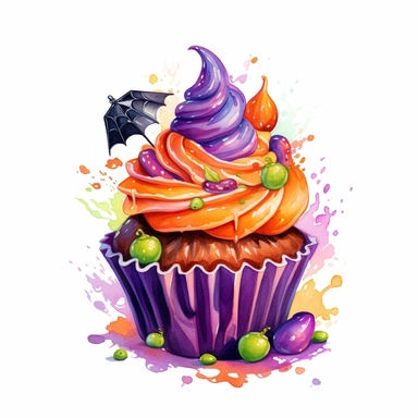 delicious Halloween cupcake with vibrant green, purple, orange, black, colours, witches hats, skulls, spiders and bats, pumpkins and candy confetti, owatercolour illustration clipart, extremely detailed, 4k, high quality, isolated on white background