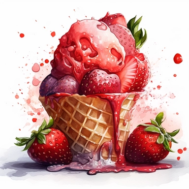Indulge in the mouthwatering delight of a watercolor illustration capturing the essence of a luscious strawberry ice cream. This delightful clipart brings together the whimsy of a cartoon style with hyper-realistic details, creating a truly tempting treat for the eyes. Every brushstroke showcases intricate details, from the glistening texture of the ice cream to the vibrant red hues of the ripe strawberries. Isolated on a pristine white background, this high-quality artwork is perfect for variou