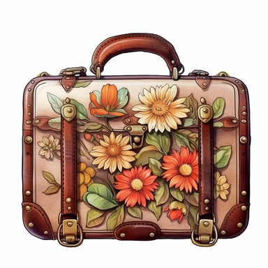 Leather brown retro bag , floral, james christensen style,illustration Watercolor hand painted vintage suitcase design. Travel concept clipart,white background with margins , white background for removing background - - no text shadow font watermark