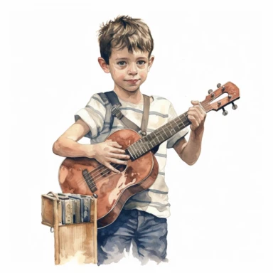 a delightful watercolor, hyper-realistic clipart image with a white background and white margins, showcasing a children musician. The ultra-detailed, hand-drawn elements capture the childern musician.