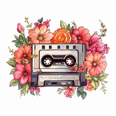 Vintage cassette with flowers, illustration clipart, high detailed, white background, digital art