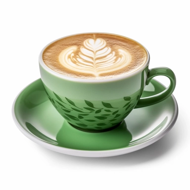 Side view of hot latte coffee with latte art in a green cup and saucer isolated on white background with clipping path inside