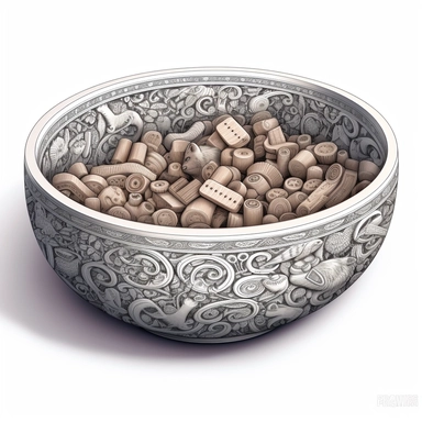 a bowl with dry cat food inside of it (not a cat). Bowl has intricate shapes on the exterior. Pencil art in the form of clipart