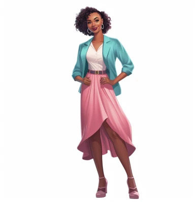 full body shot of smiling African American Black Girl Magic boss lady vector clipart vector illustration with transparent background, in the style of light indigo and light crimson, photo-realistic hyperbole, cluj school, transparent/translucent medium, detailed crowd scenes, light pink and light emerald, teal and white