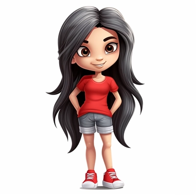 girl doll style smiling, thin black outline lines, arms crossed, red denim dress sneakers, long black hair with light streaks tousled, cartoon clipart, cute eyes, illustration for kids, disney