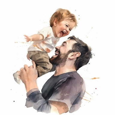 Father and child sharing a special moment of laughter or tickles, water color style, clipart, white background