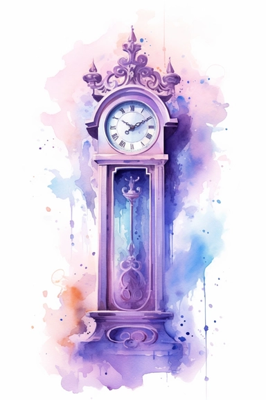 Grandfather clock, blue violet and light pink theme, watercolor, octane rendering, clip art, watercolour fantastical background