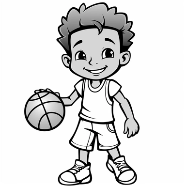 basketball player coloring pages | basketball player coloring pages free | little boy basketball player printable coloring clipart, in the style of black and white, simplistic cartoon, light white and gray, uhd image, whimsical comic strip