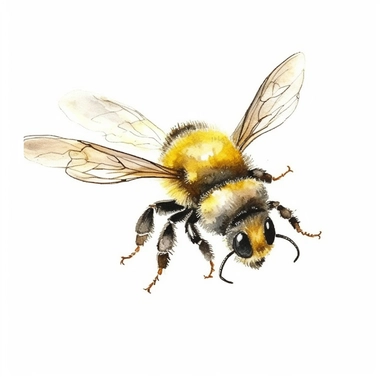 one bumble bee, flying, watercolor illustration, simple, white background, clip art