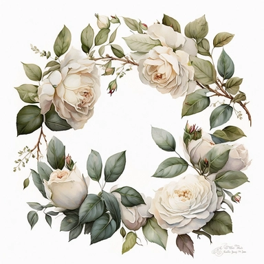 realistic hand painted watercolor of a wreath of david austin english white roses, clean white background, clipart