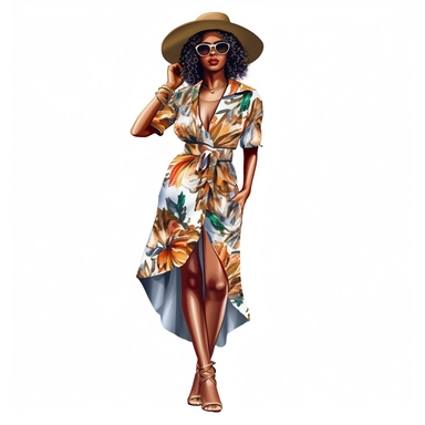 African american woman wearing floral dress and fedora hat Boss lady clipart modern fashion style anatomically correct realistic isolated white background