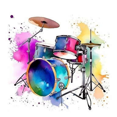 watercolor clipart, one individual drum set, vibrant splash of color, white background