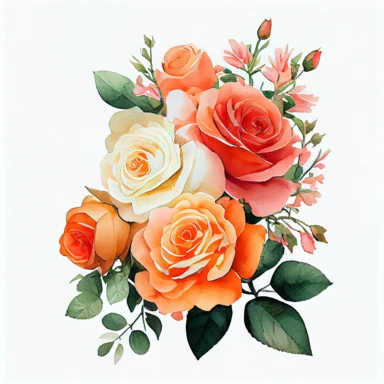 one bouquet arranged roses watercolor clipart, the colors are Apricot Orange and Bubblegum Pink arranged clipart, watercolor, 8k, white blank background