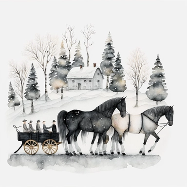 dark academia, horses, snow, fairytale, Christmas, swedish folk art, watercolor, white background, clipart