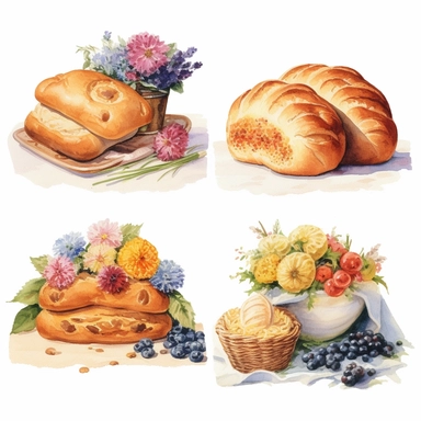 4 watercolor cliparts of neoclassical delicious bread with flowers integrated on it, yaka art, Hyperrealistic still life, aurorapunk, 1990s, appropriation artist, hellenistic art