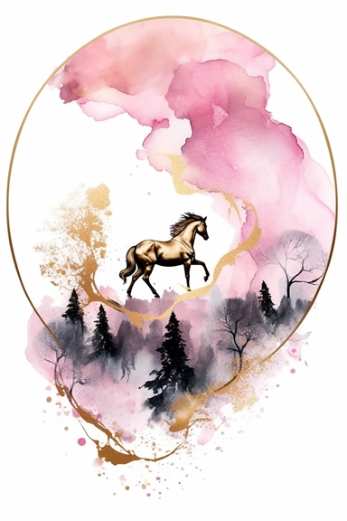 beautiful gorgeous alcohol ink of gold serene nature scene with a central focus on a pink horse , minimalist style, crystals, glam, glossy, glitter texture, liquid ink clipart, modern and stylish design, bright colors, 300 dpi, clear decoration, clear white background, highly detailed digital art, 8k