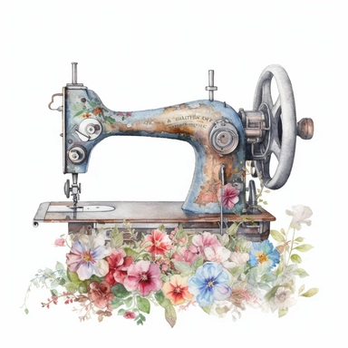 old sewing machine in flowers, bright pastel colors, watercolor clipart, white background 8k highly detailed