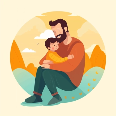 Create a heartfelt Father's Day clipart showcasing a dad hugging his child. The scene should depict a warm, loving moment where they are both smiling, symbolizing their strong bond. The dad can be kneeling or sitting to be at the child's height. Try to incorporate soft, soothing colors to emphasize the loving nature of the scene. Additionally, include a decorative banner at the bottom of the clipart with the phrase 'Dad's Hug, Best Hug'. Please ensure the illustration is clear and high-resolutio