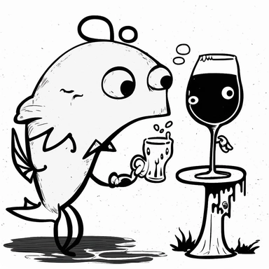 Black and white line drawing of a ghost and a fish drinking a glass of wine in the style of 1920's animated cartoons. Easily used as clipart - no background, on white.