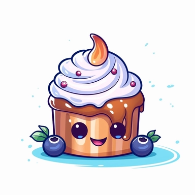 a cute cinnamon roll and white icing dripping down it sides, with blueberries on top. kawaii style with a candle wick on top. Make it super cute, vibrant colors. Make it into cliparts and vectors.
