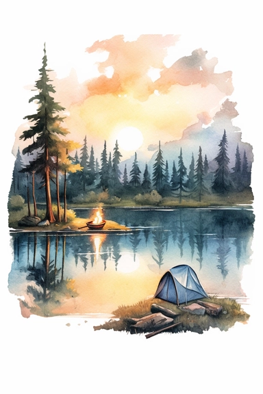 create a hand drawn watercolor clipart showcasing camping scene near lake, including tent, campfire, canoe, and serene water reflection, 4k,