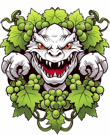 clean black and white coloring page of grape monster, metamof style crisp lines white backgrount no fill, only black marker, low detail vector, clipart,