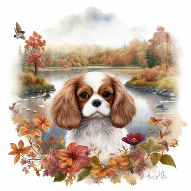create a beautiful original high quality highly detailed watercolor clipart image of a very small happy and adorable king charles cavalier puppy surrounded by autumn flowers and a lake in the backdrop in a autumn setting, include high detail to the puppys fur and eyes, include fall colors, white background, no text, no font, no words