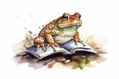 watercolor fat frog reading a book on a log Clipart, hd, white background, spaced out