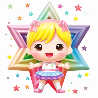 Cute little ballerina dancing over the rainbow, 2 poses and expressions, smiling, happy, candy crush style, 3D, stars and hearts around, pastel colors, kawaii style, chibi style, stars around, isolated on a solid white background Clipart style